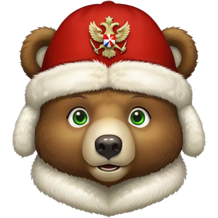 Cute Russian brown bear head with friendly expression and bright green eyes, wearing white furry ushanka hat with realistic double-headed eagle coat of arms centered emoji