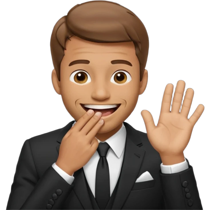 a man in a formal suit laughs, covers his mouth with his hand emoji