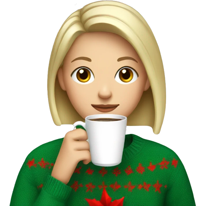 Short haired blonde girl drinking coffee wearing Christmas sweater emoji