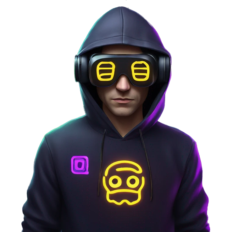 Russian man wearing a black hoodie with "OMG" letters on it and VR headset in a cyberpunk VR environment with violet neon lighting. emoji