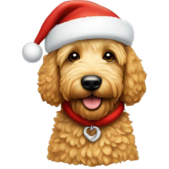 Mini Golden doodle with a Santa hat emoji