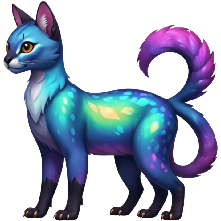 Colorful dark tropical iridescent nebulae exotic cute cool beautiful shiny beautiful fantasy-caracal-civet-genet-sergal-vernid-Gryphon-Cacomistle-Trico-oncilla-animal-Fakémon-hybrid-fursona (full body) emoji