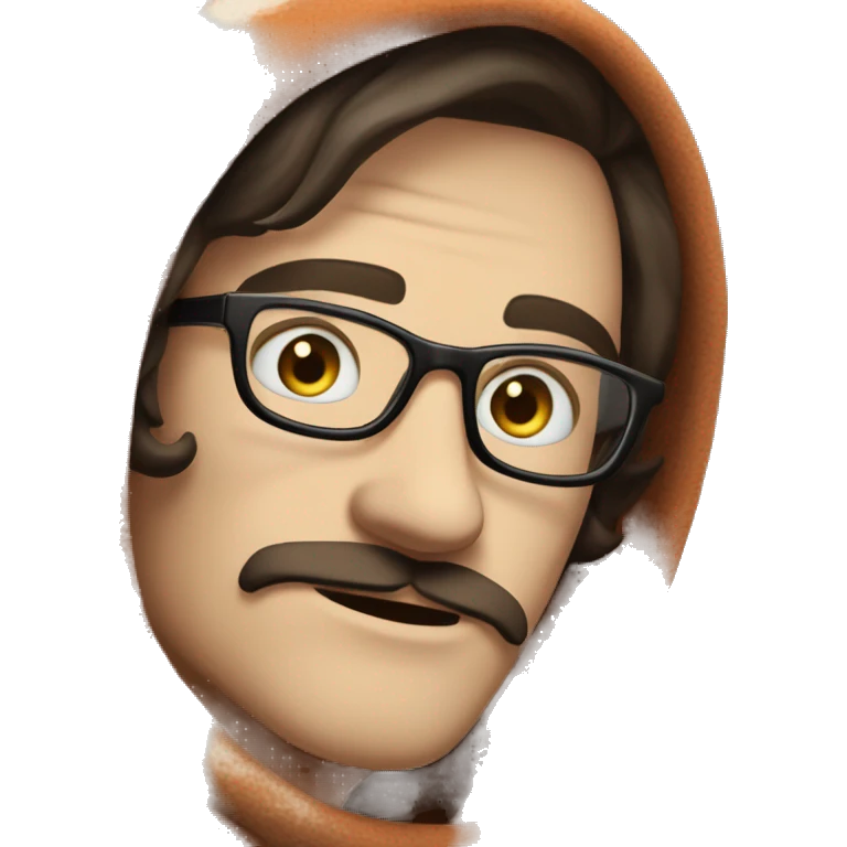 Pale Guy, dark brown narrow hair, moustache and soul patch under mouth, blue eyes, round glasses, covered in blanket emoji
