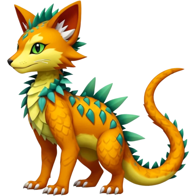 Kawaii cute reddish orangish yellowish greenish exotic tribal beautiful pretty elegant divine edgy feline-vernid-sergal-Fakémon-Pokémon-Digimon-fursona-animal-creature with accessories, jewelries, full body, with intricate detailed markings, furs, fins, scales, spiny emoji