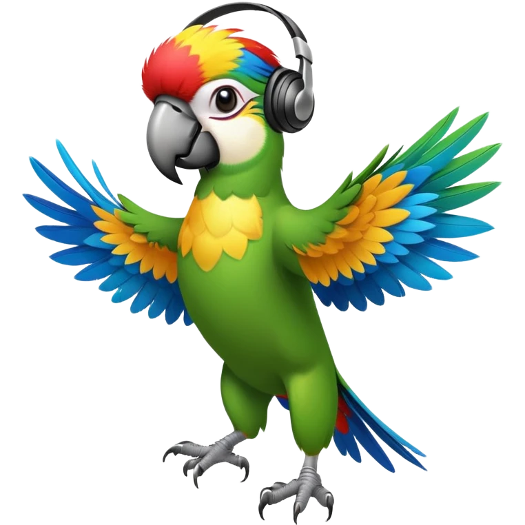 A parrot with a headset dancing to the rhythm emoji