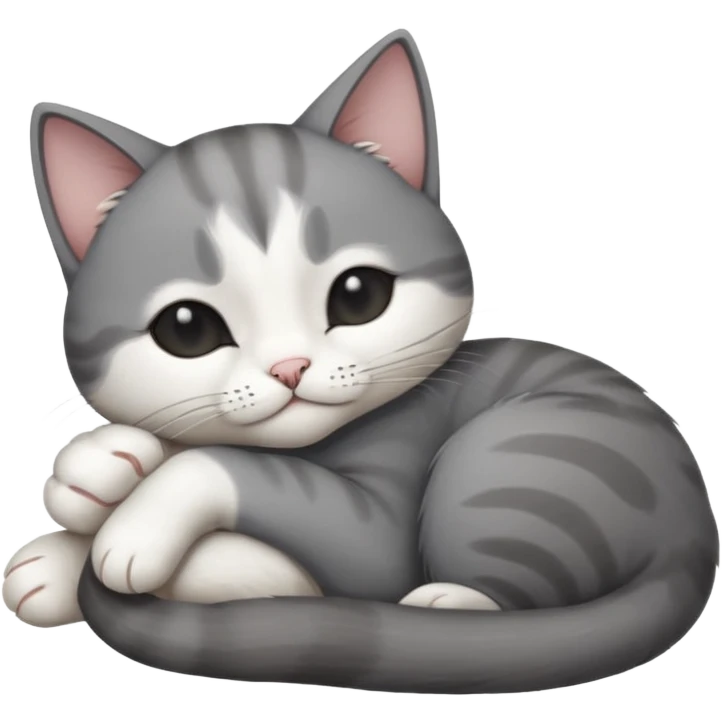 dark grey and white small cat with its eyes closed lying down leaning on its elbow with its paw curled under its head holding it up emoji