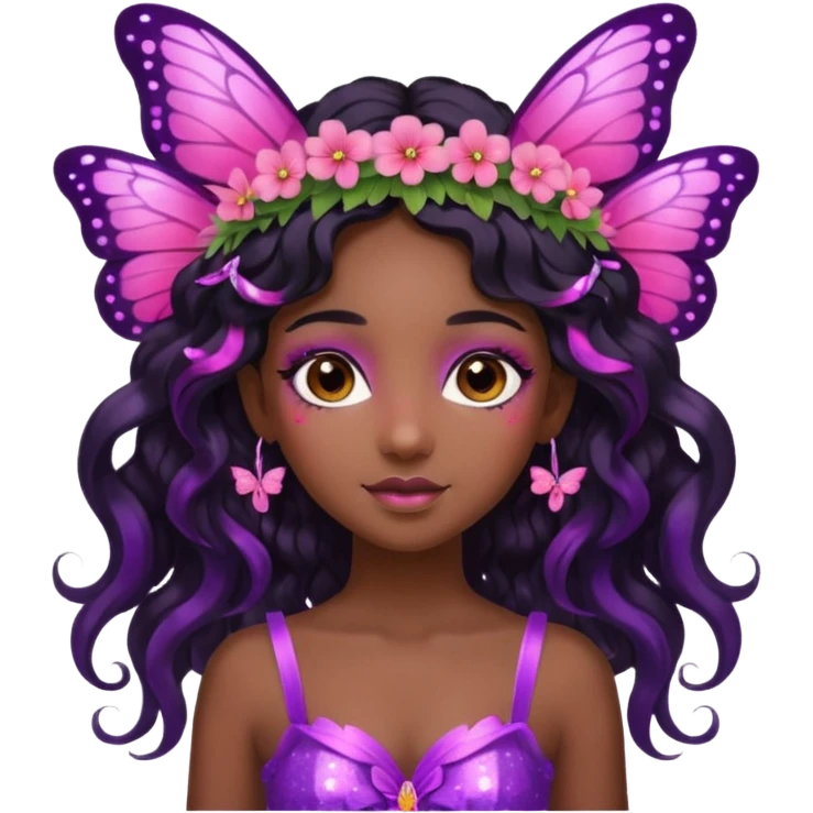 Black girl fairy with long wavy black hair, pink and purplered butterfly wings sparkly emoji