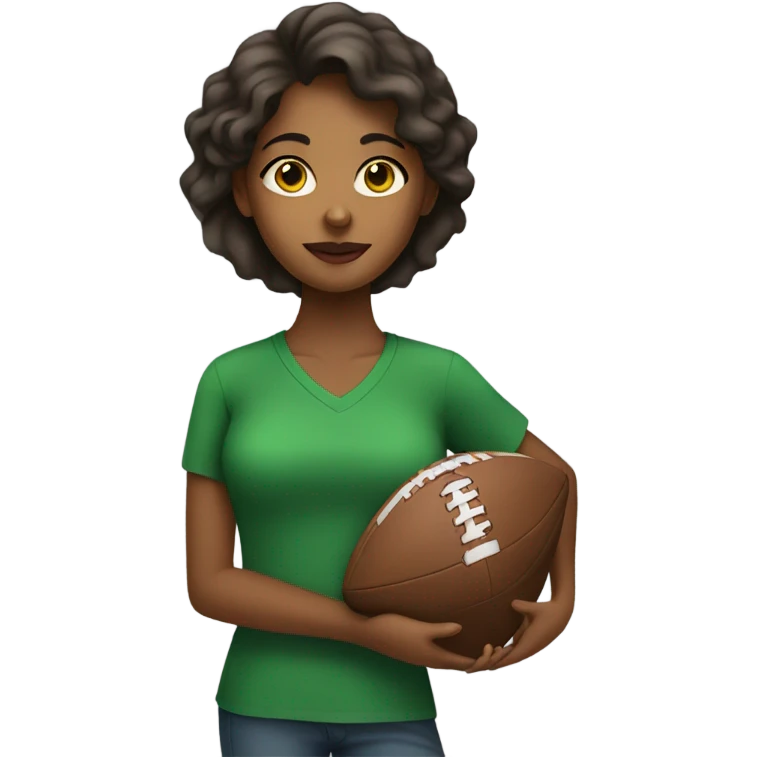 Brown girl in green shirt holding a football emoji