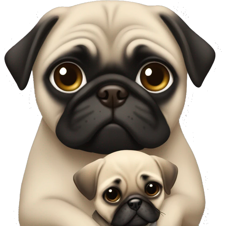 A white girl with brown hair and hazel eyes is hugging black pug emoji