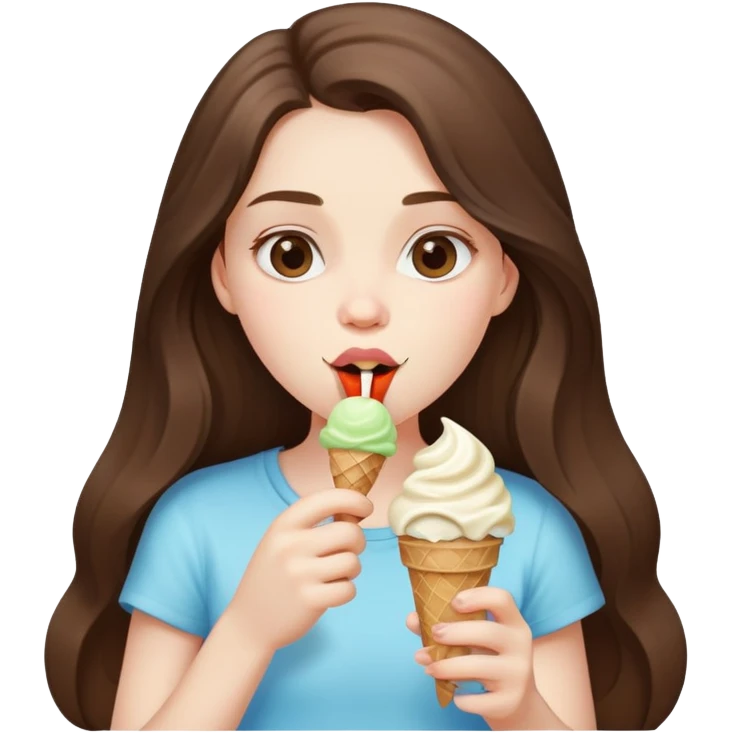 beautiful pale brunette girl with long hair eating an ice cream emoji
