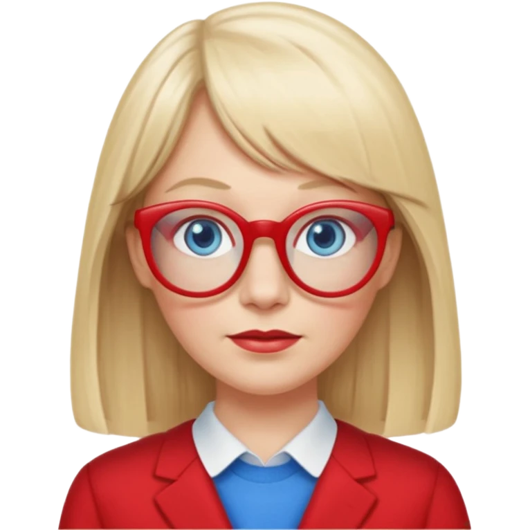 45 yr old white woman, pale skin, long straight blond hair parted in center, blue eyes, bangs, clothes for school, big red glasses, oval face emoji