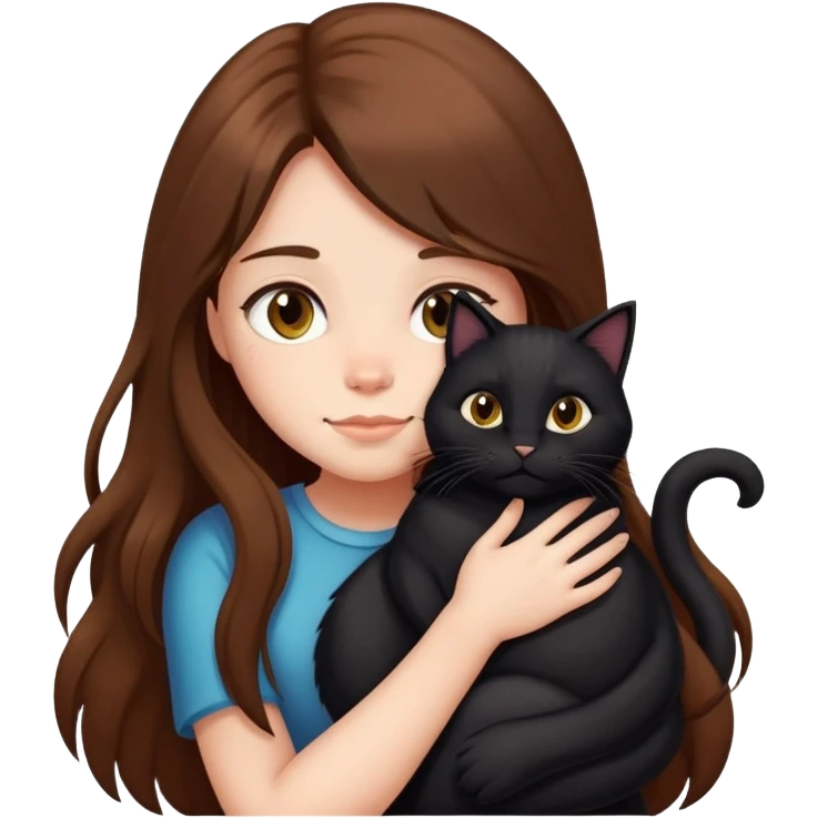 A girl with long brown hair hugs a long-haired fat black cat emoji