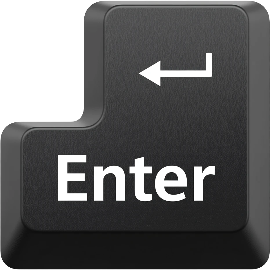 Glossy black L-shaped Enter keycap with a delicious candy-jelly texture. White "Enter" text and return arrow. 3D emoji style, white background. emoji