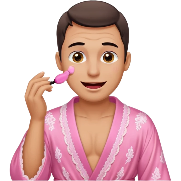 male getting sissified in lingerie by his smug wife. the wife is crying with laughter. she is doing the males makeup emoji