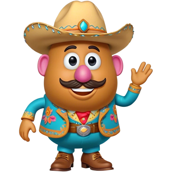 Create a 3D Pixar-style Mr. Potato Head character with a rounded, slightly uneven shape, expressive eyes, a wide smile, and cartoonish limbs, dressed in a colorful suit with intricate embroidery, a vibrant cowboy hat adorned with a feather emoji