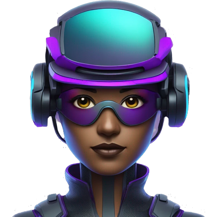 Secret human agent in a futuristic hat with in Apple VR google headset , cyberpunk, cyan and purple colors, only upper body portrait, front facing the camera  emoji
