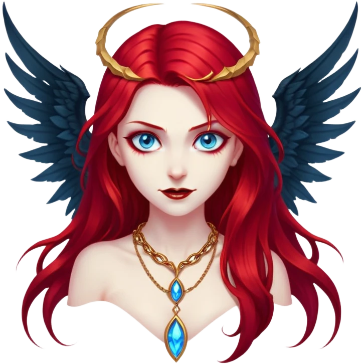 extremely diabolical girl with massive towering wings, very long flowing blood red hair, glowing blue eyes, black hellfire aura, no horns, evil grin, gold necklace emoji