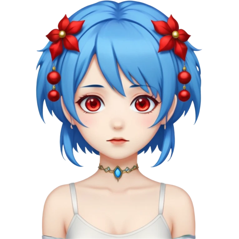 blue haired anime girl with red eyes, two dangly thangs on her head and a white bodysuit emoji