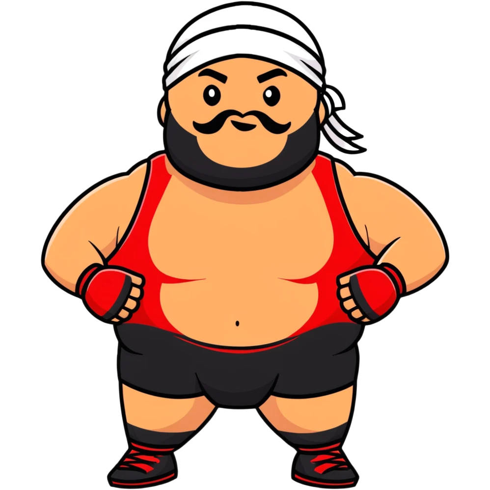 White skin fat guy with black durag and black beard in a red and black wrestling singlet emoji