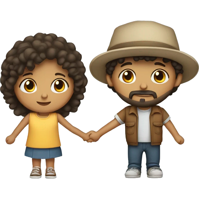 a Hispanic girl with curly hair and an Hispanic boy with a beard and a cap facing backwards, both holding hands emoji