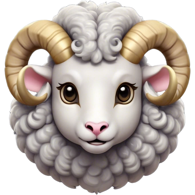 Cinematic Cute Ram Portrait Emoji, Head tilted playfully and inquisitively, featuring a dense, woolly grey fur with charming curled horns, round, sparkling dark eyes filled with curiosity, Simplified yet irresistibly adorable features, highly detailed, glowing with a warm, friendly glow, high shine, affectionate and spirited, stylized with a touch of rugged whimsy, bright and endearing, soft glowing outline, capturing the essence of a mischievous yet loving ram, so playful it feels like it could butt its way out of the screen and into your arms! emoji