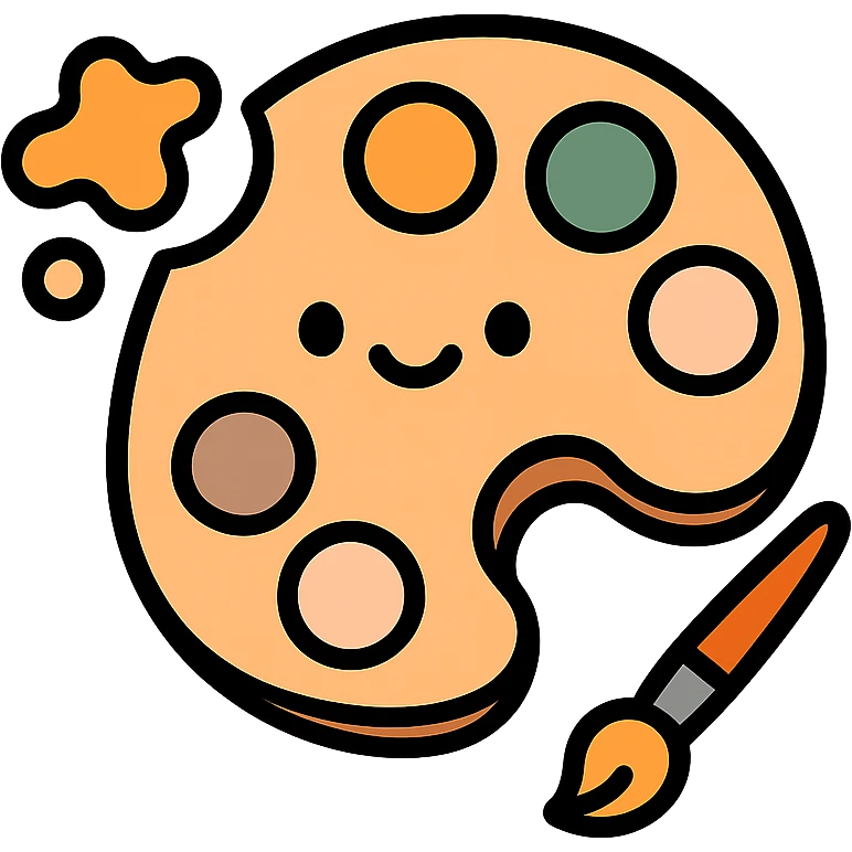 A cute and charming artist’s paint palette with dabs of paint in a warm, cozy color scheme: golden orange (FA9B41), deep forest green (4A7C5C), muted taupe brown (96775A), and pastel peach (FFCC9A). The wooden palette has a soft, rounded shape with a smooth finish, and the paint blobs are arranged neatly like little candy drops. Some splashes of color are playfully smeared nearby, and a tiny paintbrush rests beside the palette. The overall mood is light, artistic, and whimsical, with soft lighting and a gentle, creative atmosphere — perfect for a dreamy, storybook-style illustration. emoji