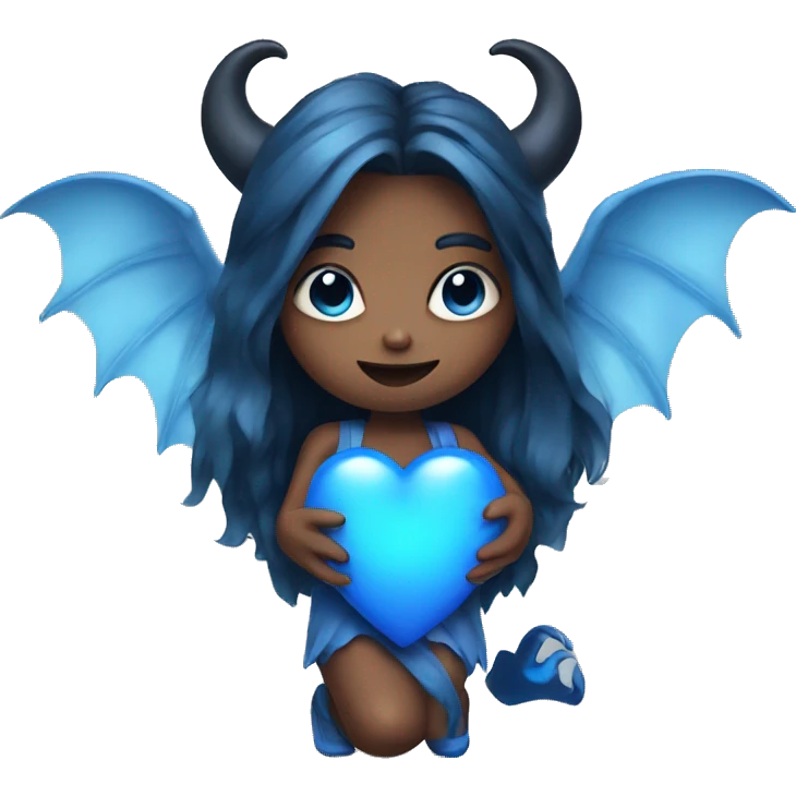 Demon girl with blue horns and wings holding a blue heart  emoji