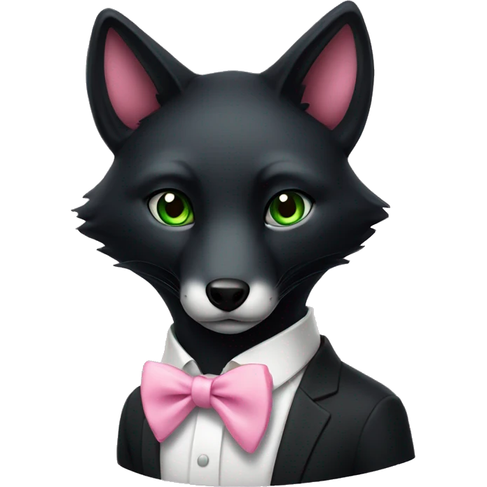 black fox, green eyes, pink bow tie emoji