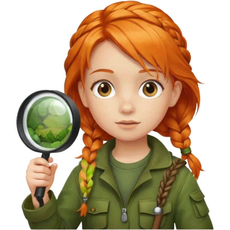 braid orange haired girl kid in moss green explorer outfit, holding magnifying glass emoji
