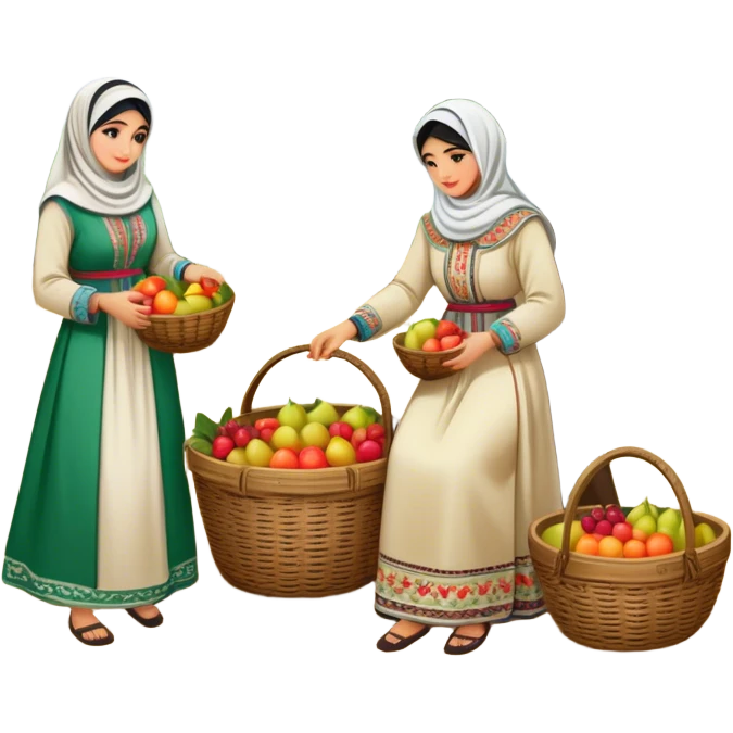 A nostalgic and culturally rich scene of Palestinian women dressed in traditional embroidered thobes harvesting fruit in an orchard. Their vibrant and intricately designed dresses reflect deep heritage, while their coordinated efforts collecting fruit in a woven basket emoji