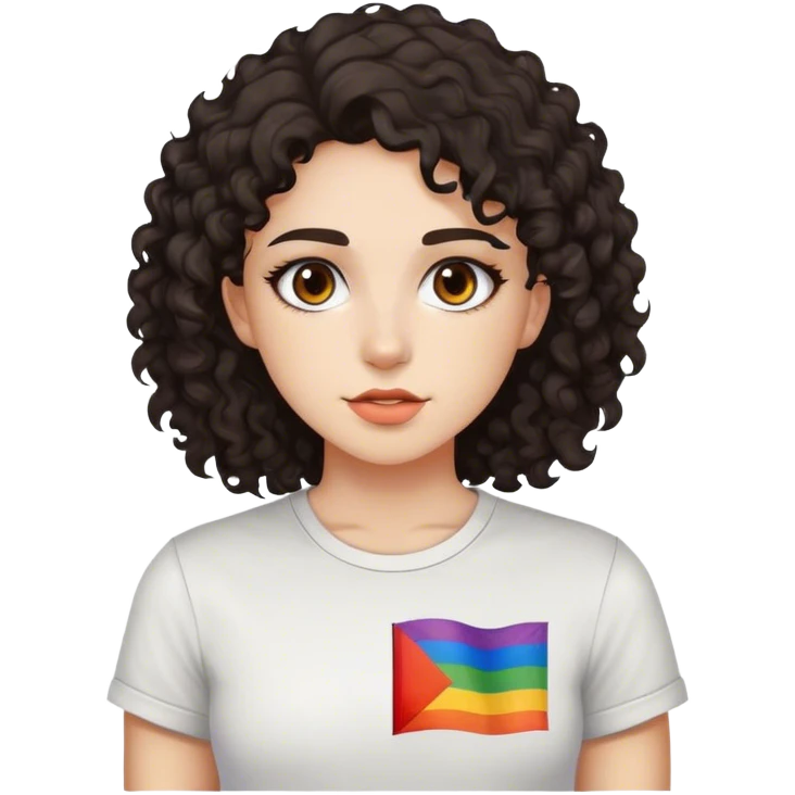garota de pele branca, de cabelo cacheado escuro, olhos castanho escuro, blusa com uma bandeira lesbica estampada emoji