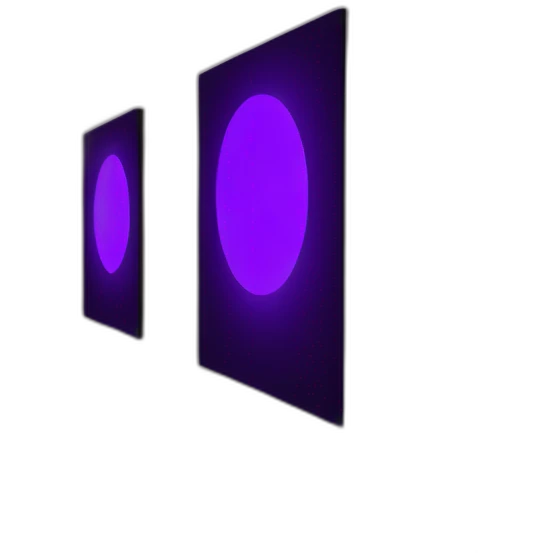 Nightclub entry hall with 3 large 2/3 circular purple and blue led lights in the entry hall way emoji