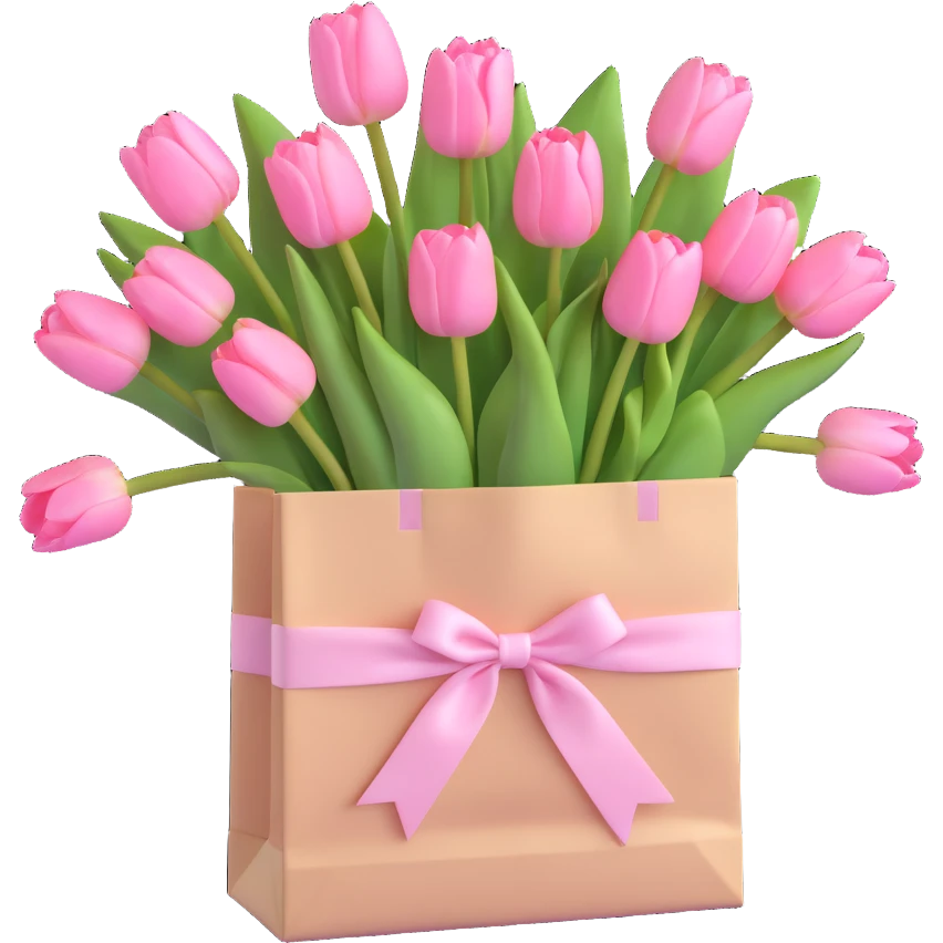 a bunch of light pink tulips arranged in a white paper bag with a soft pink ribbon, pastel tones, gentle shadows, minimal look, 3D iOS emoji style emoji