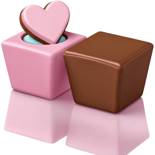 Two square milk chocolate 2 pralines only, Each praline is a sharp-edged cube with smooth glossy chocolate coating, placed in a small white fluted paper candy cup. On top of each cube is a flat pastel pink heart-shaped icing, thin and smooth, slightly translucent, with fine sugar crystal sparkle. emoji