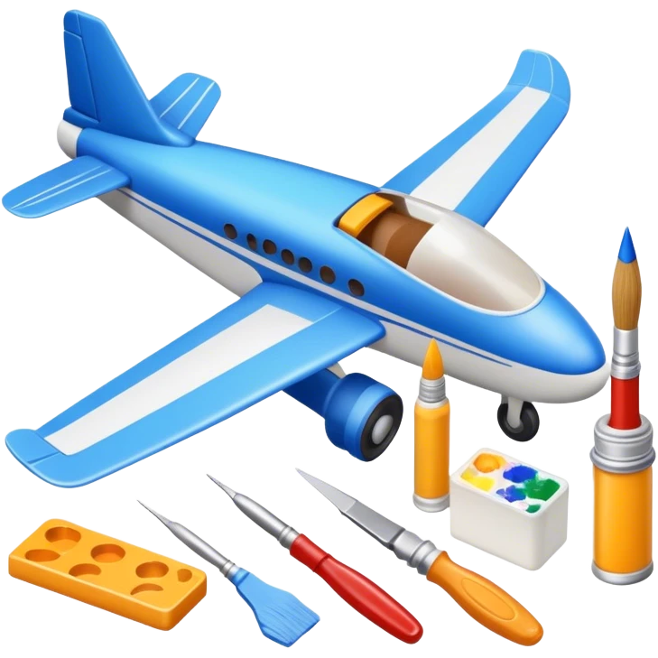 photorealistic icon featuring model-building tools like glue, paint, paintbrushes, pieces of a plastic model airplane in the process of being assembled. The design includes detailed textures of the model pieces and tools, capturing the focus and creativity of model building. Transparent background. emoji