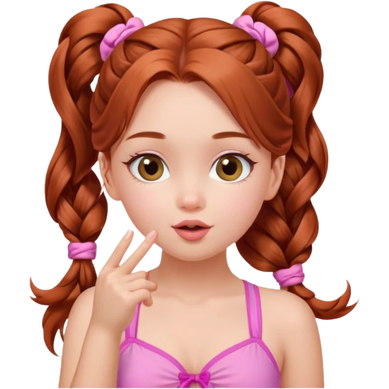A cute ukrainian girl, with long auburn hair two side ponytails plaited, in her pink bathing costume, she's blowing a kiss. emoji