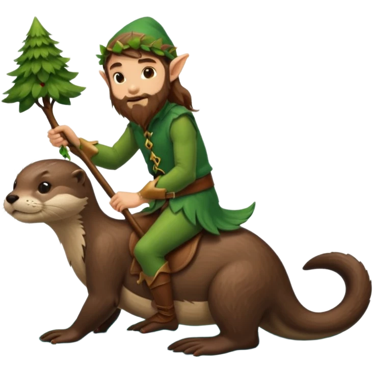 tiny forest elf man long brown hair beard riding an otter emoji