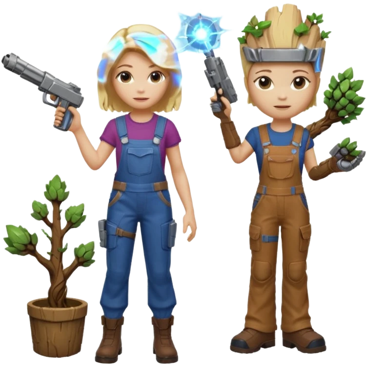 Can you make an emoji with groot from guardian of the galaxy, and groot should look like he does in the movie,  with me standing next to him. I’m a white female with blonde hair and I like to wear overalls. We should be shooting galaxy guns  emoji
