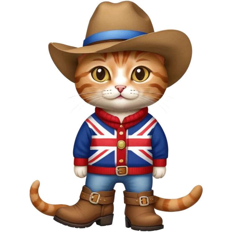 cat wearing union jack sweater and big cowboy hat and cowboy boots emoji