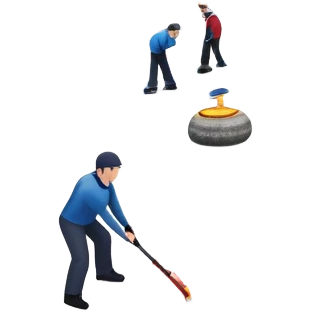 An icon showing a curling match on an indoor ice stadium, with a polished curling stone gliding toward the target and players sweeping. Spectators watch from stands, and flags hang above the rink. Transparent background highlights strategy and focus in the sport of curling. emoji
