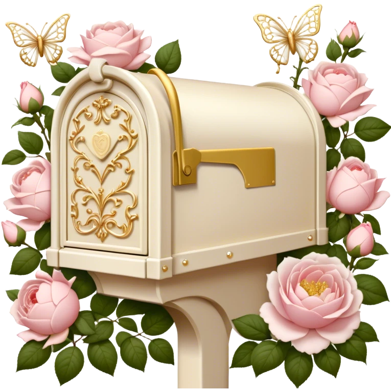 A vintage-inspired letterbox scene, where an old-fashioned ivory mailbox with golden filigree stands in a blooming rose garden, overflowing with love letters adorned with pressed blush roses and white peony petals, with pearl butterflies fluttering nearby. emoji