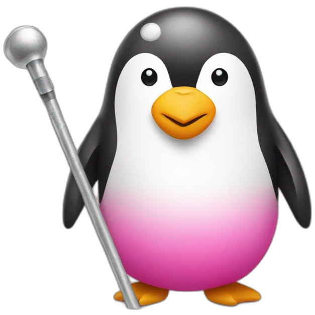 Penguin in a pink bikini holding onto a metal stick  emoji