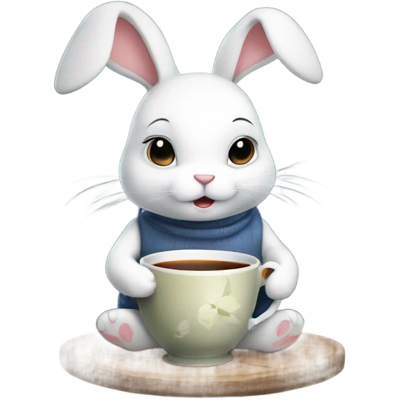 a cute white rabbit sitting and holding a ceramic cup with black tea in its paws, from which steam comes out emoji