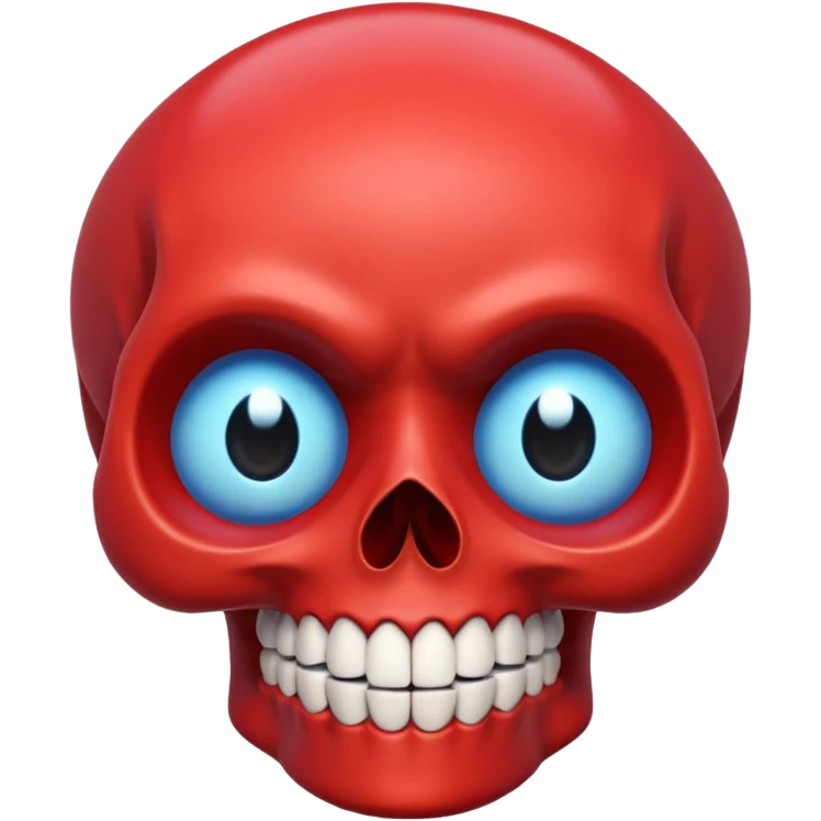 “A bright red cartoon skull with a smooth shiny surface, large round blue eyes with white outlines, a wide exaggerated smile showing big detailed teeth, simple black nose cavity, clean symmetrical face shape, centered on a plain light background, HD, sharp, vibrant, no distortion.” emoji