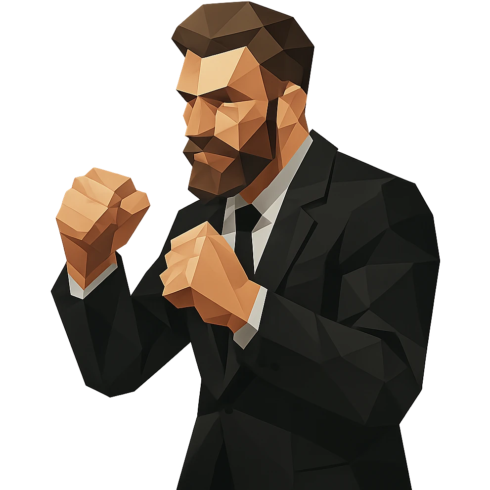 polygonal style bearded man in a black suit, fighting posture emoji