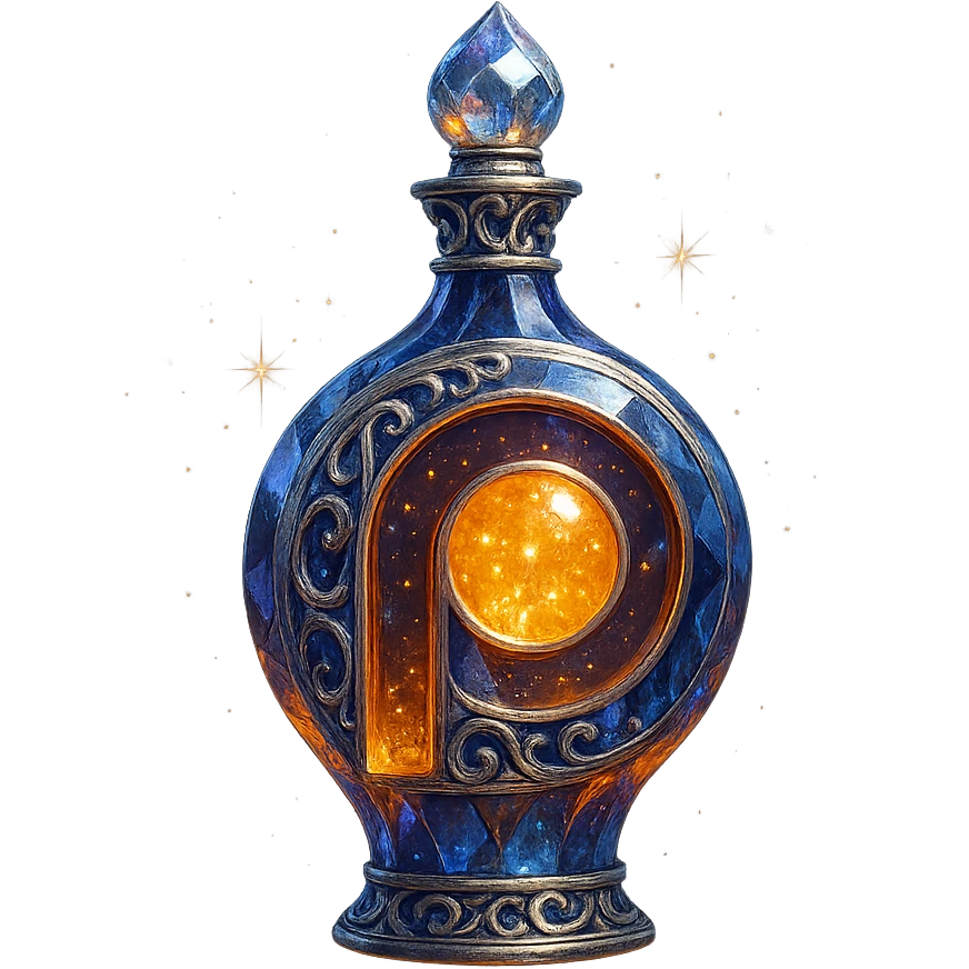 luxurious crystal elixir bottle inspired by the Patreon logo, orange and dark blue colors, ornate silver and iridescent details, magical glowing and sparkling effects, very small neck, seamless bottom, transparent background, bottle clearly floating in air, no base or shadow, modern, collection style emoji