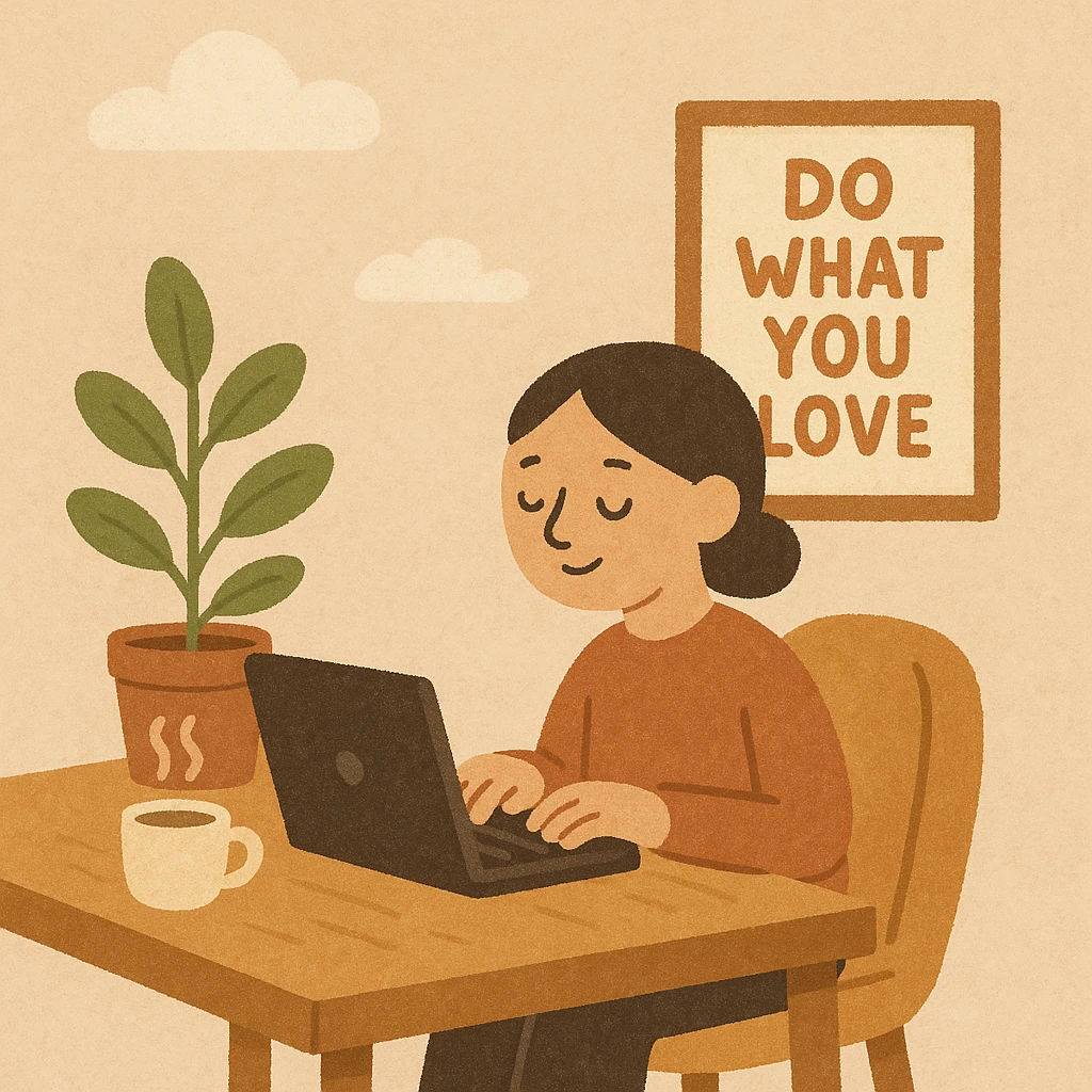 a home office setup with a single person, coffee cup, and motivational poster, representing solopreneurship, cozy minimal style emoji