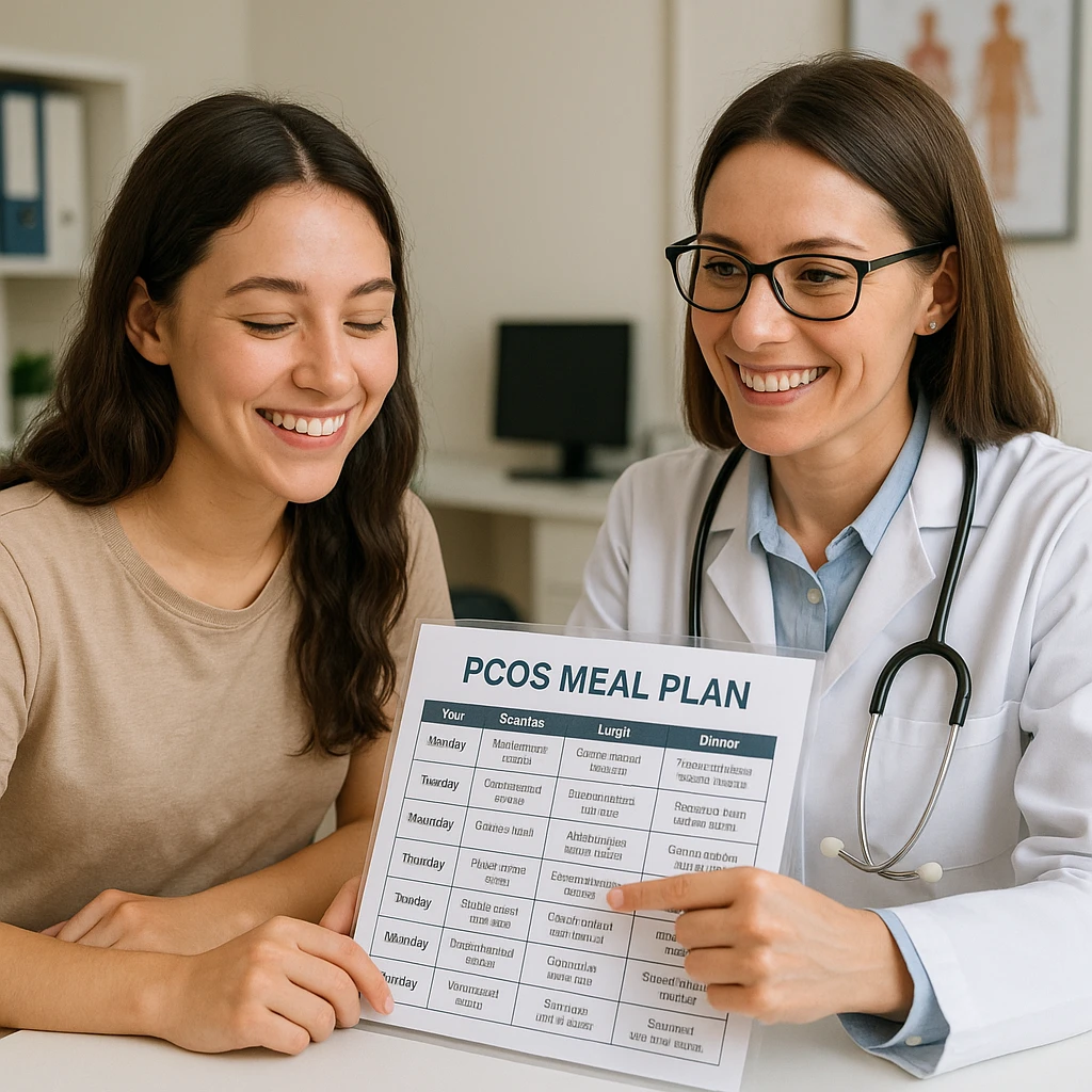 young woman consulting a nutritionist, both smiling, nutritionist showing a specific PCOS meal plan, supportive atmosphere, realistic details, medical office background emoji