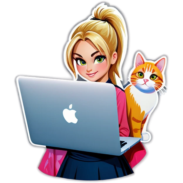 Blonde girl ponytail macBook and a cat emoji