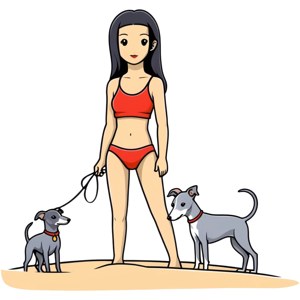 Slim Chinese woman with long black hair in appropriate beach attire at the beach with her completely solid grey Italian greyhound, ocean and sand visible, the dog has absolutely no white markings anywhere emoji